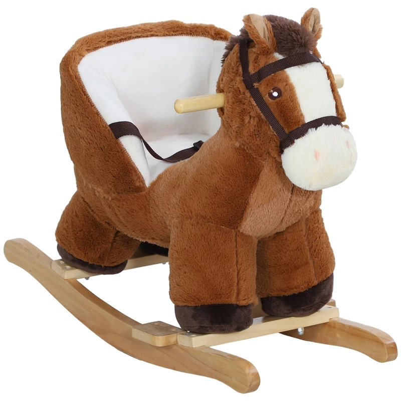 AIYAPLAY Kids Rocking Horse, Plush Ride on Horse, with Sound, Wood Base, Seat Safety Belt, for Ages 18-36 Months, Brown