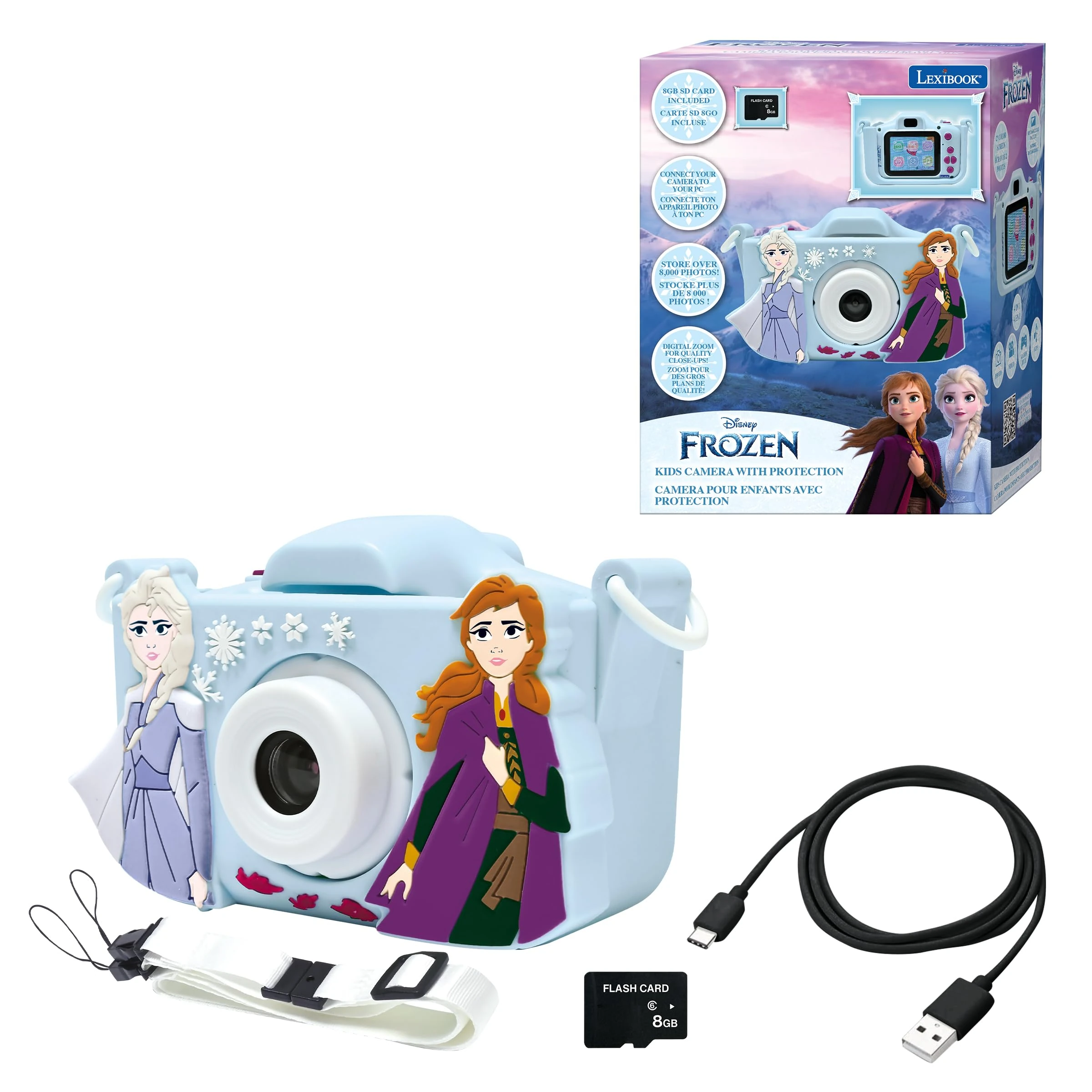 Lexibook DJ078FZ Anna, Elsa, Frozen, 4-in-1 camera for children with protection, video, MP3 and game functions, 15 frames to personalise your photos, 8 GB memory card included