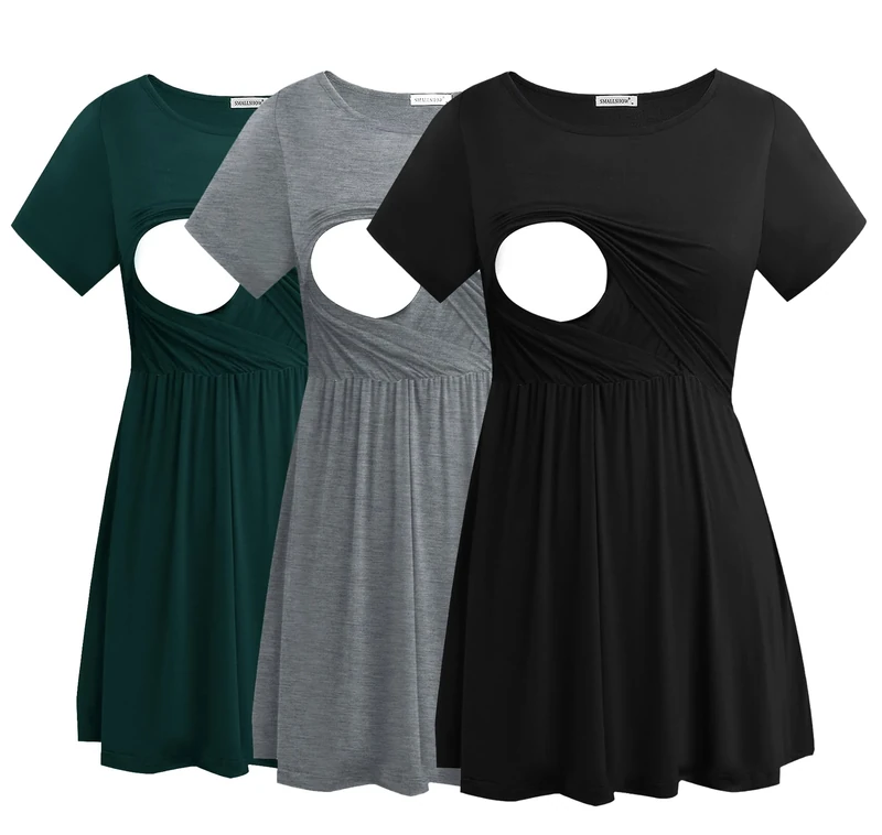 Smallshow Women's Maternity Nursing Tops Short Sleeve Breastfeeding Clothes 3 Pack,Black-Deep Green-Light Grey,L
