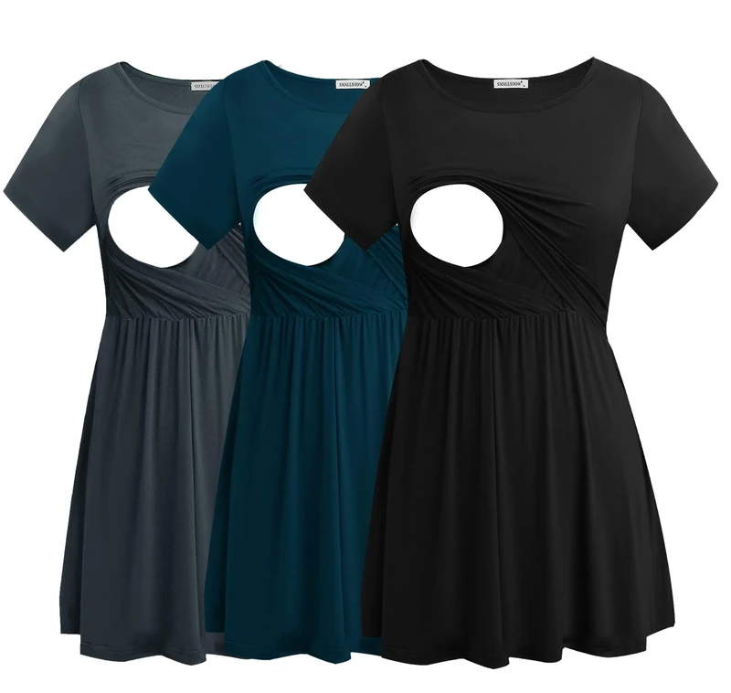 Smallshow Women's Maternity Nursing Tops Short Sleeve Breastfeeding Clothes 3 Pack,Black-Dark Grey-Teal,L