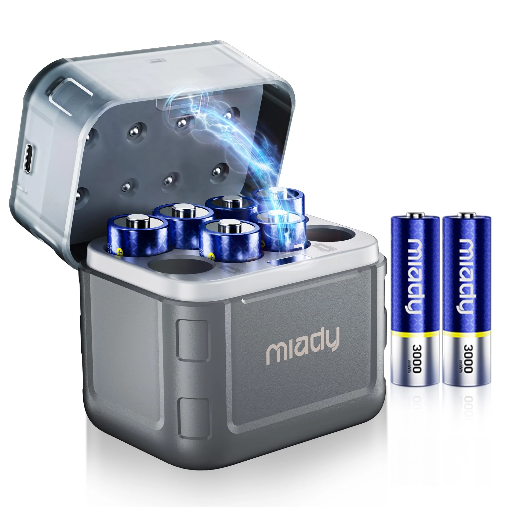 Miady Lithium AA Rechargeable Batteries 8 Pack with Fast Charger, 3000mWh 1.5V Output Double A Battery Low Self-discharge with Integrated Charing Storage Box