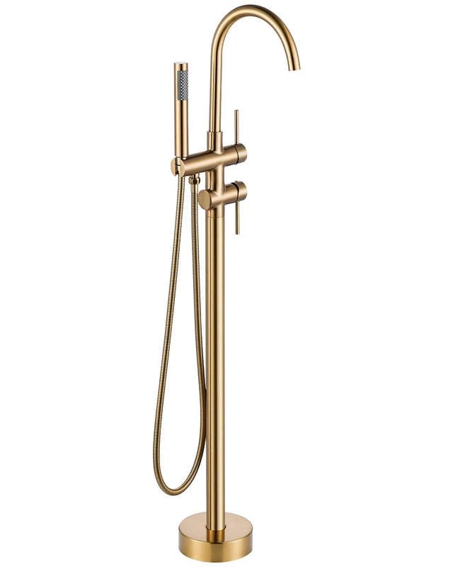 Freestanding Bathtub Faucet Brushed Gold, Floor Mount Tub Filler, High Flow Brass Shower Faucets with Handheld Sprayer for Bathroom