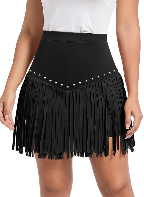 Womens Western Cowgirl Fringe Skirt - Country Concert Outfit Rodeo Tassel Booty Pole Dance Rave Festival Bottoms, Classic Black with Studs, XXL