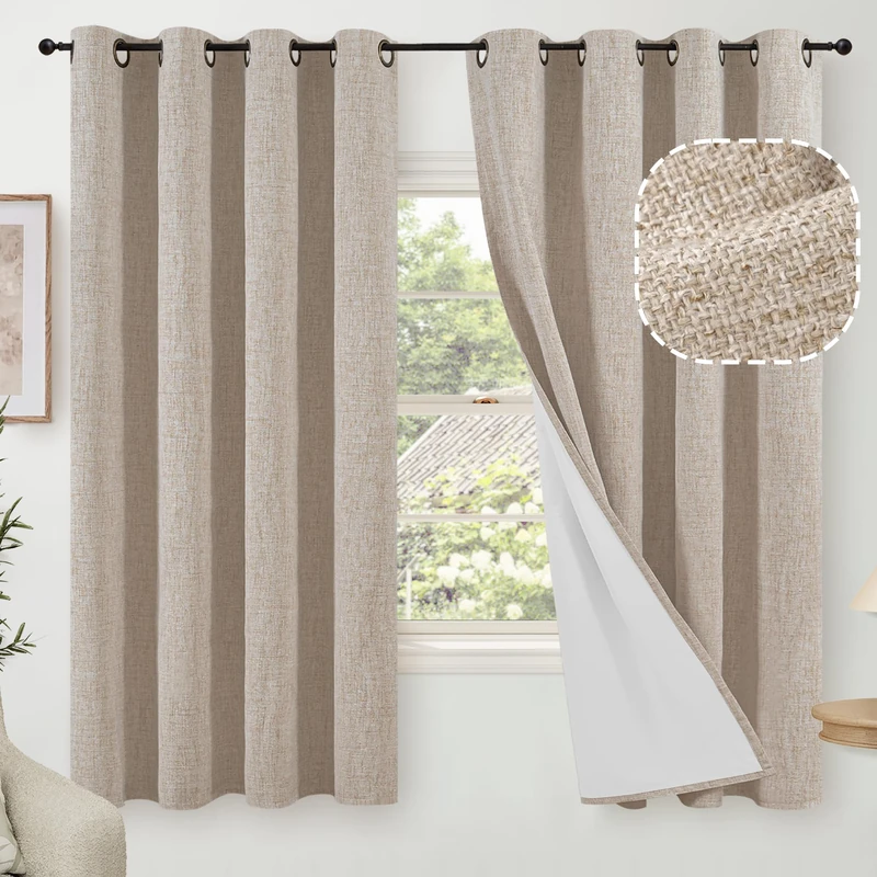 Lajode - 60 Inch Length Linen Blackout Curtains for Bedroom 60 Inches Wide 2 Panels, Fully Blackout Thermal Insulated and Energy Efficient with Grommets - Drapes