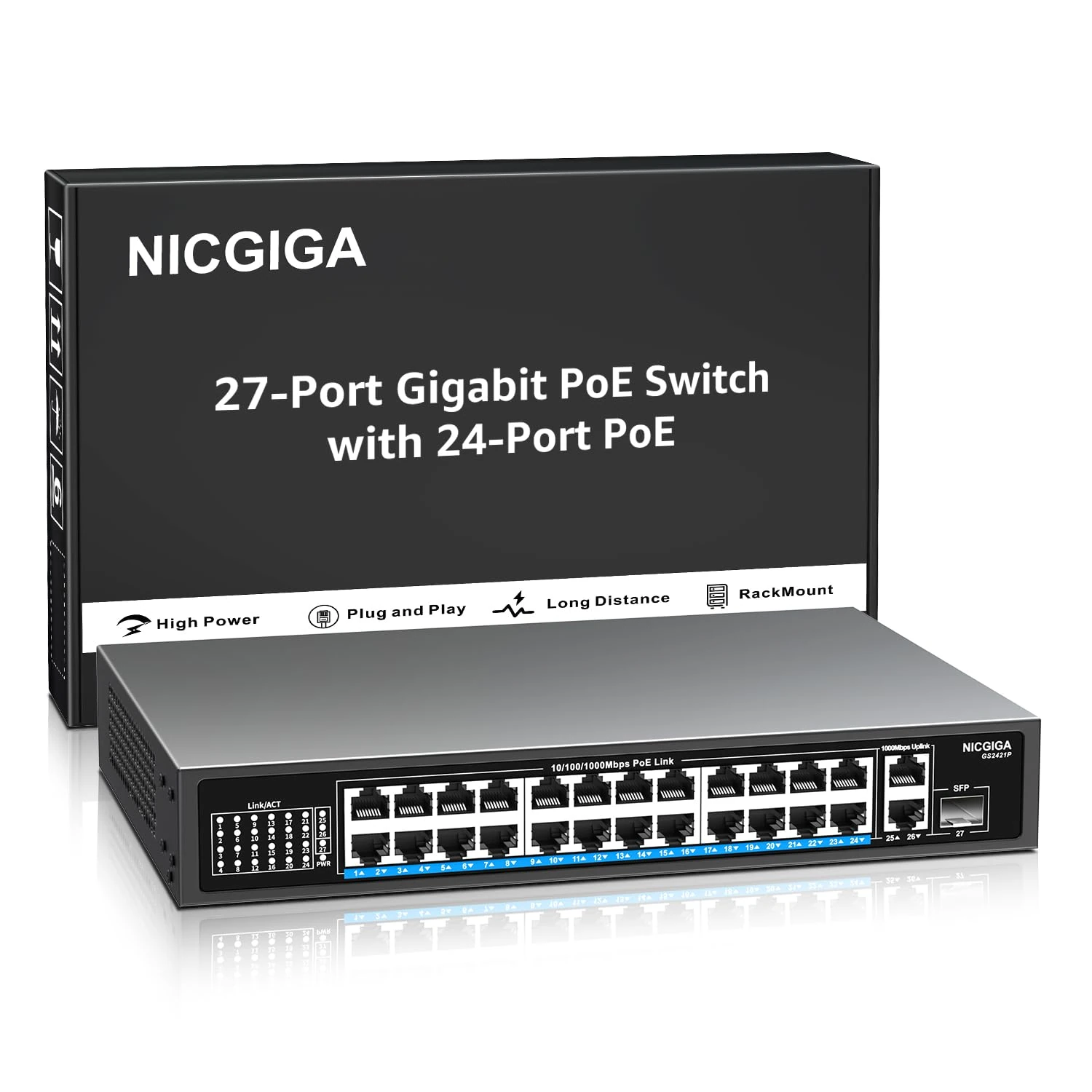 NICGIGA 24 Port Gigabit PoE Switch with 24 PoE+@300W, 2 Gigabit Uplink Port, 1 SFP, Sturdy Metal for Desktop/Rack Mount, Plug and Play, Unmanaged Power Over Ethernet Switch