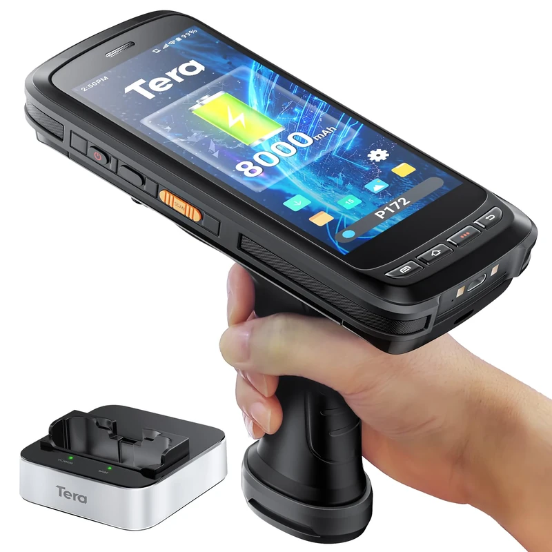 Tera Android Barcode Scanner PDA Android 13 with Charging Cradle Pistol Grip Handheld PDA 1D 2D QR Barcode Reader 8000mAh Zebra SE4710 Scanner BT 5.0 4G Wi-Fi GPS for Warehouse Inventory P172