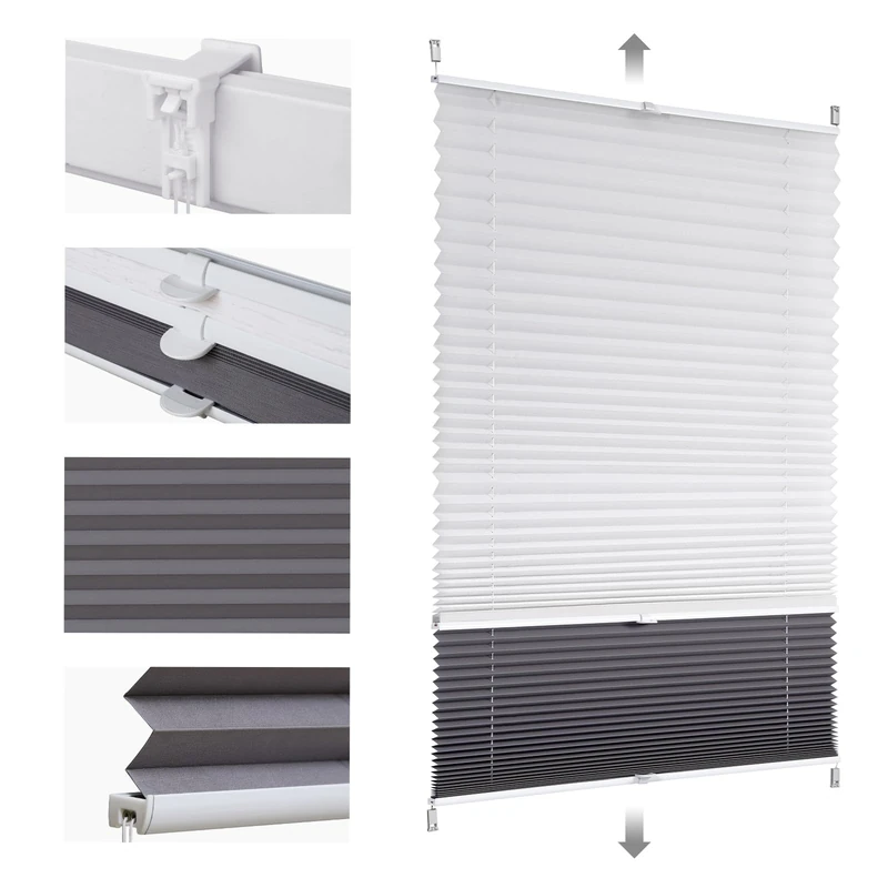 Sekey Pleated Blind Double Pleated Day+Night Blackout No Drilling Tensioned Light Protection Klemmfix, 115 x 130 cm, White and Grey - Image 1