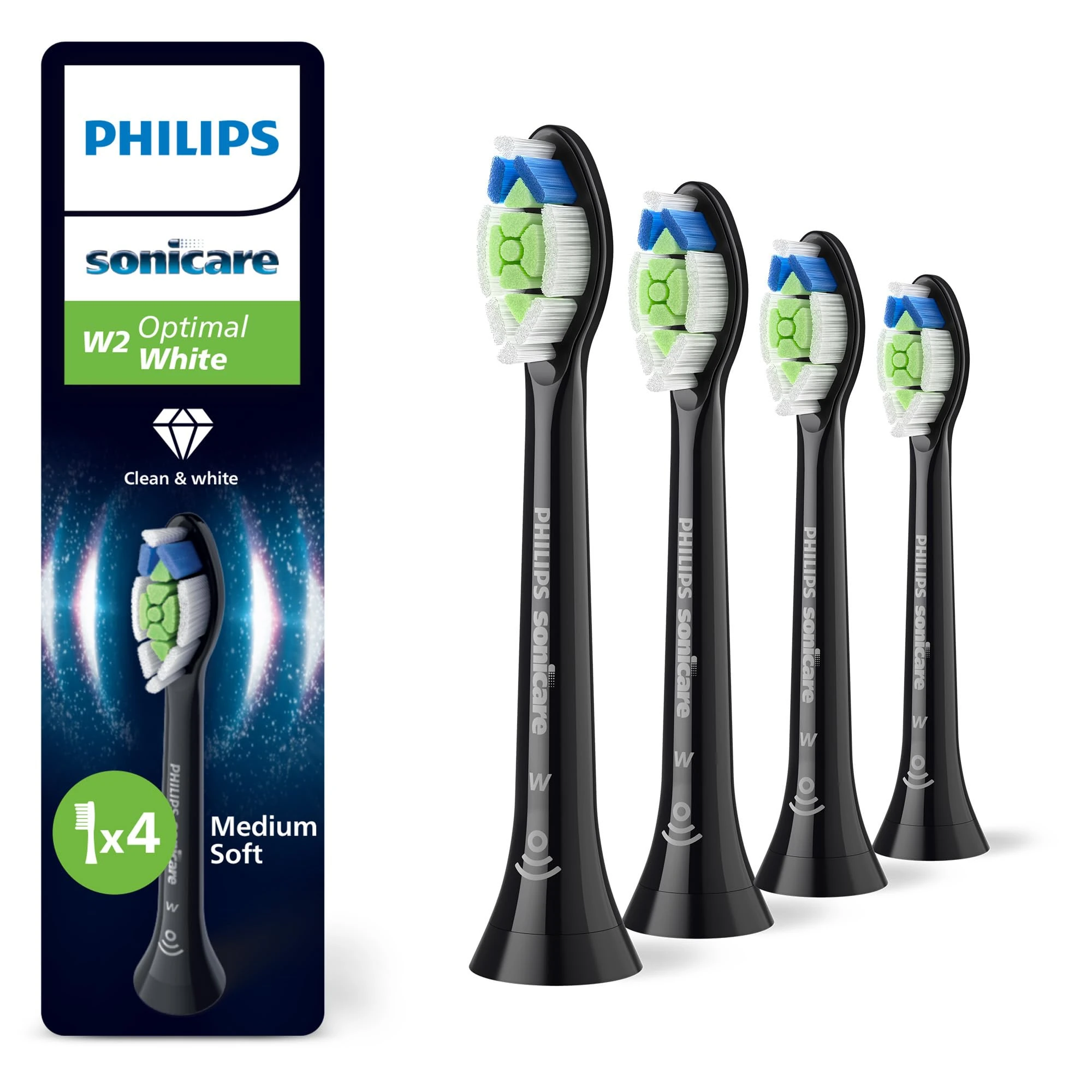 Philips Sonicare W2 Optimal White, Genuine Replacement Toothbrush Heads, Black, 4 Pack, HX6064/88