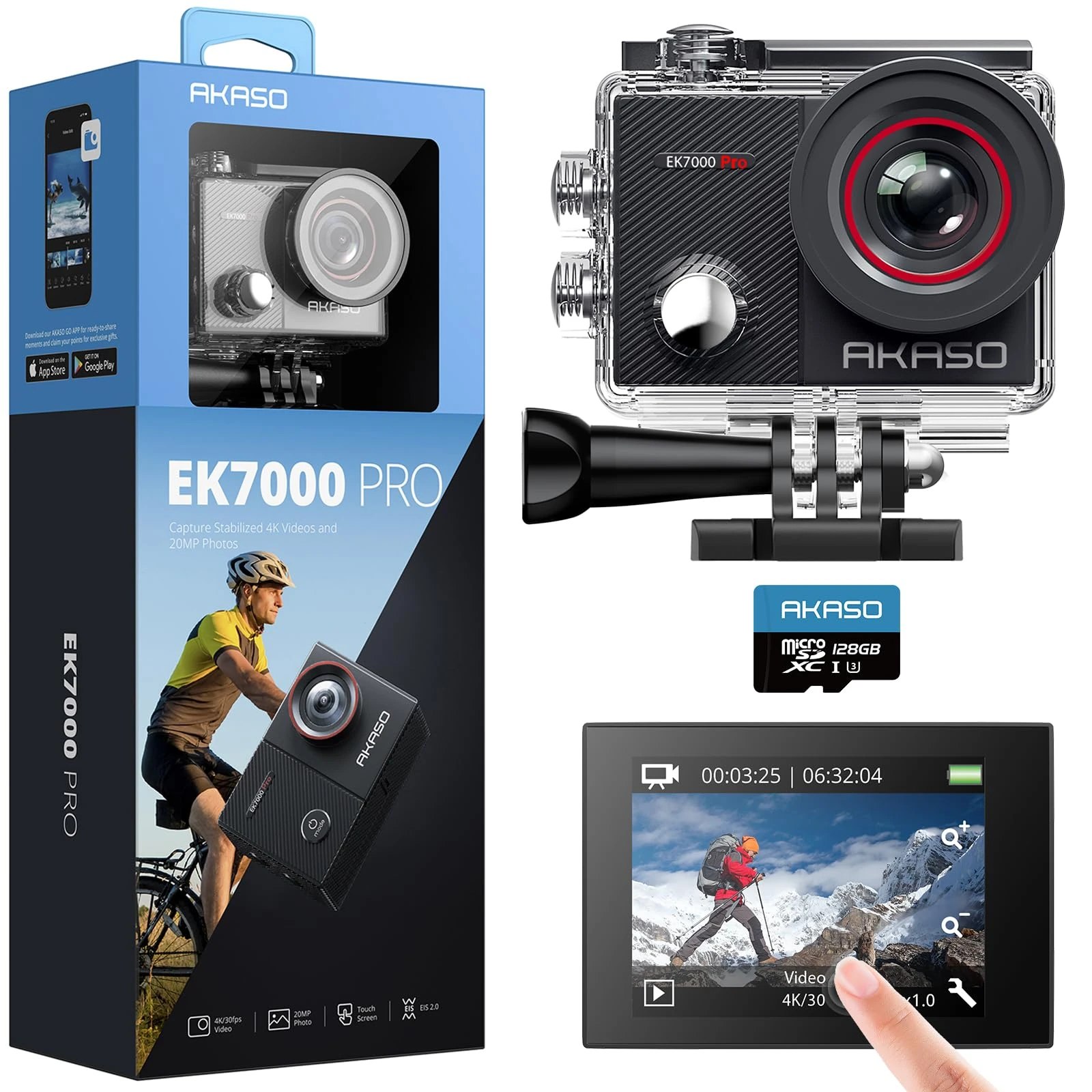 AKASO EK7000 Pro 4K Action Camera with 128GB microSDXC Memory Card - Touch Screen EIS Adjustable View Angle 40m Waterproof Underwater Camera Remote Control Helmet Camera with Accessories Kit