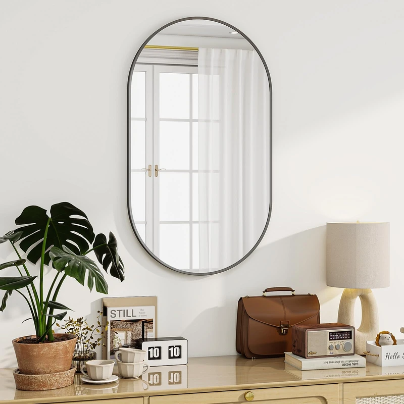 Koonmi Oval Bathroom Mirror, 56 x 96 cm Tempered Glass Wall Mounted Mirror, Bathroom Vanity Mirror without Distortion Hanging Horizontally or Vertically for Bedroom, Entryway, Living Room, Black