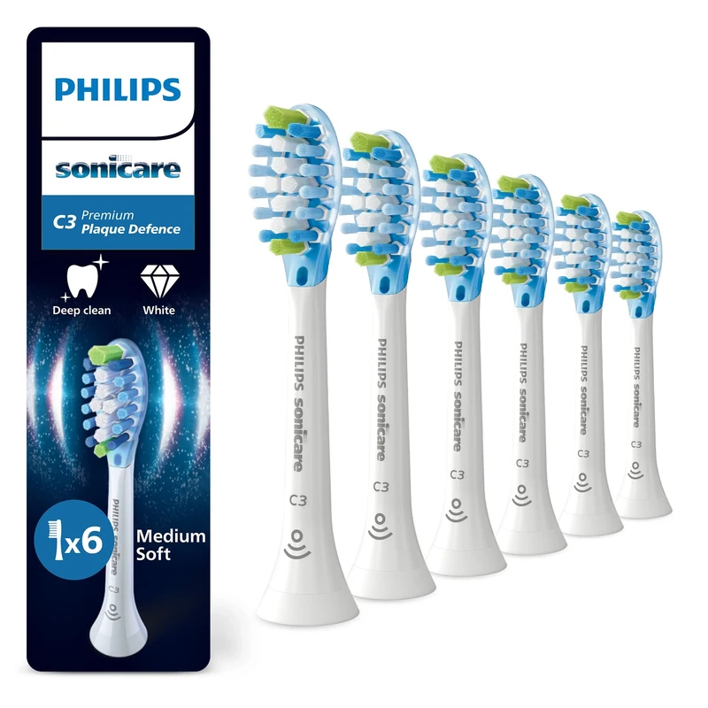 Philips Sonicare C3 Premium Plaque Defence, Genuine Replacement Toothbrush Heads, White, 6 Pack, HX9046/87