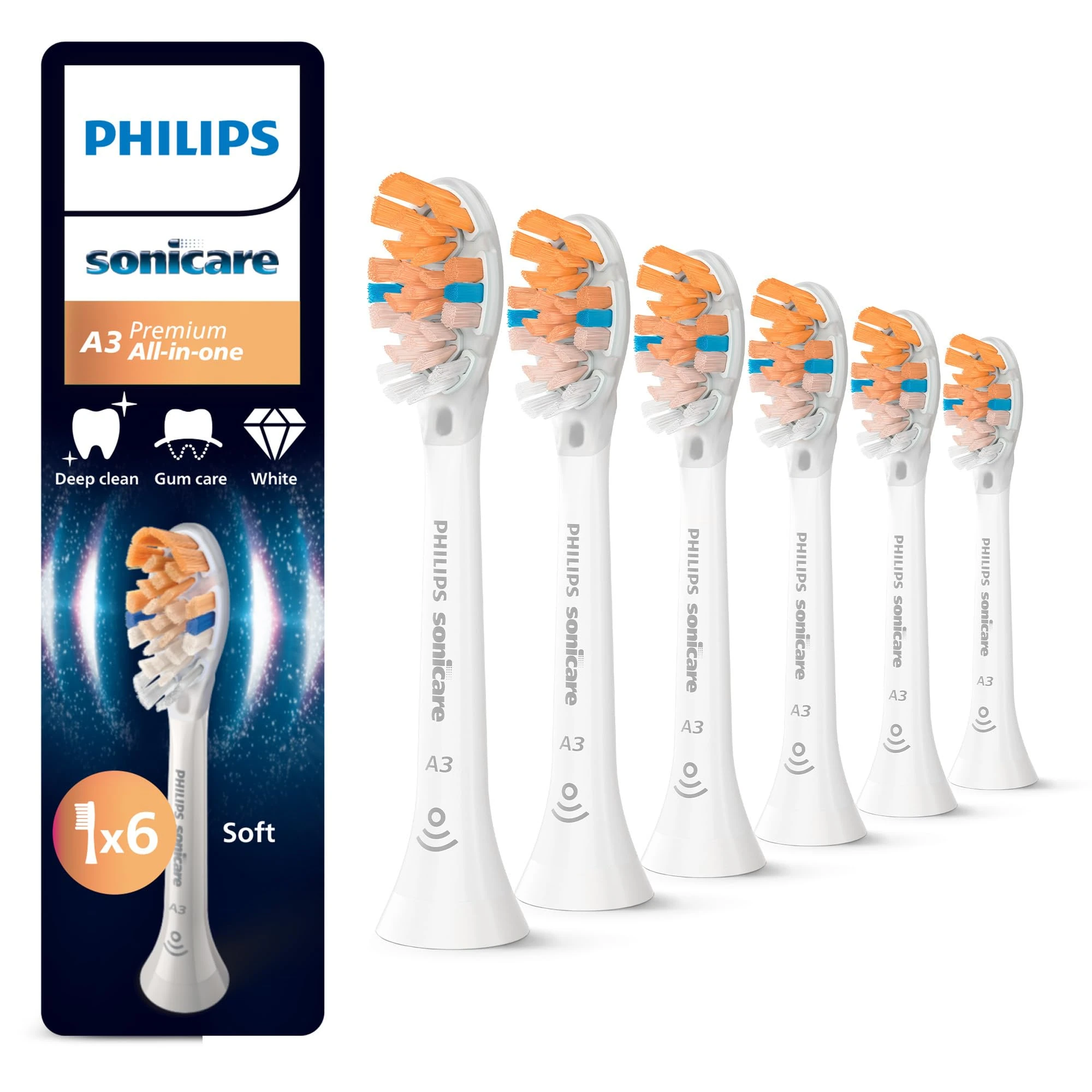 Philips Sonicare A3 Premium All-in-One, Genuine Replacement Toothbrush Heads, White, 6 Pack, HX9096/87