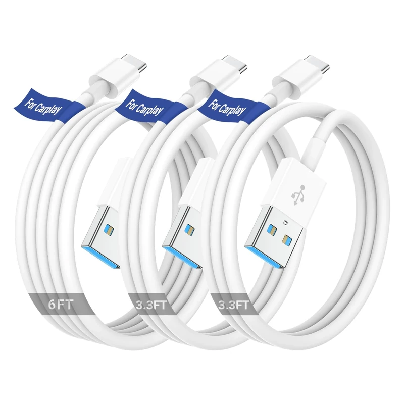 Car Carplay Cable for Apple iPhone 16 15 Pro Plus Max Plus, [3-Pack,3.3FT+3.3FT+6FT] USB A to USB C for Carplay USB C Cord, USB C Cable for iPad Pro/Air/Mini,Samsung Galaxy Car Charger Cable Cord
