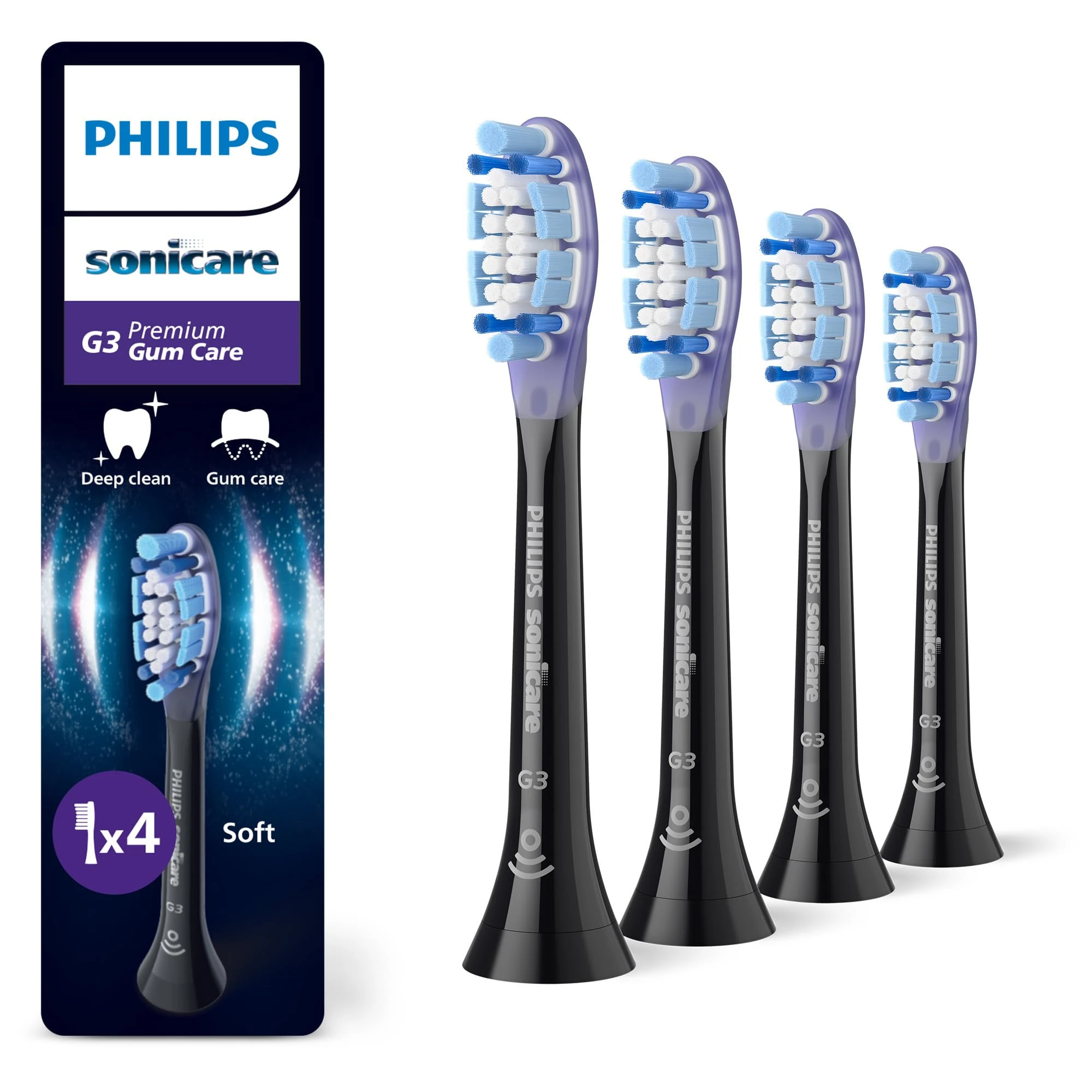Philips Sonicare G3 Premium Gum Care, Genuine Replacement Toothbrush Heads, Black, 4 Pack, HX9054/88