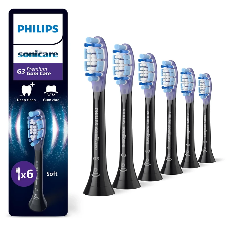 Philips Sonicare G3 Premium Gum Care, Genuine Replacement Toothbrush Heads, Black, 6 Pack, HX9056/88