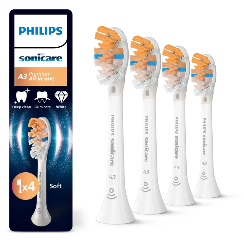 Philips Sonicare A3 Premium All-in-One, Genuine Replacement Toothbrush Heads, White, 4 Pack, HX9094/87
