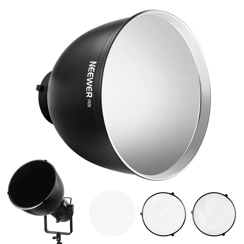 NEEWER 10.4″/26.5cm Medium Focus Reflector Bowens Mount with 15°/30° Honeycomb Grids & Soft Cloth, 45° Diffuser Lamp Shade Compatible with Godox NEEWER Studio Strobe Flash Light Speedlite, FR26