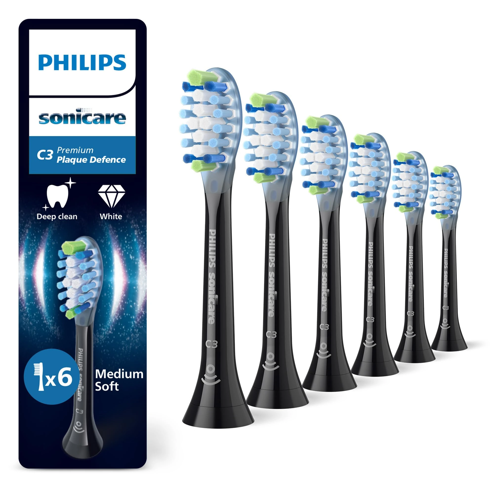 Philips Sonicare C3 Premium Plaque Defence, Genuine Replacement Toothbrush Heads, Black, 6 Pack, HX9046/88