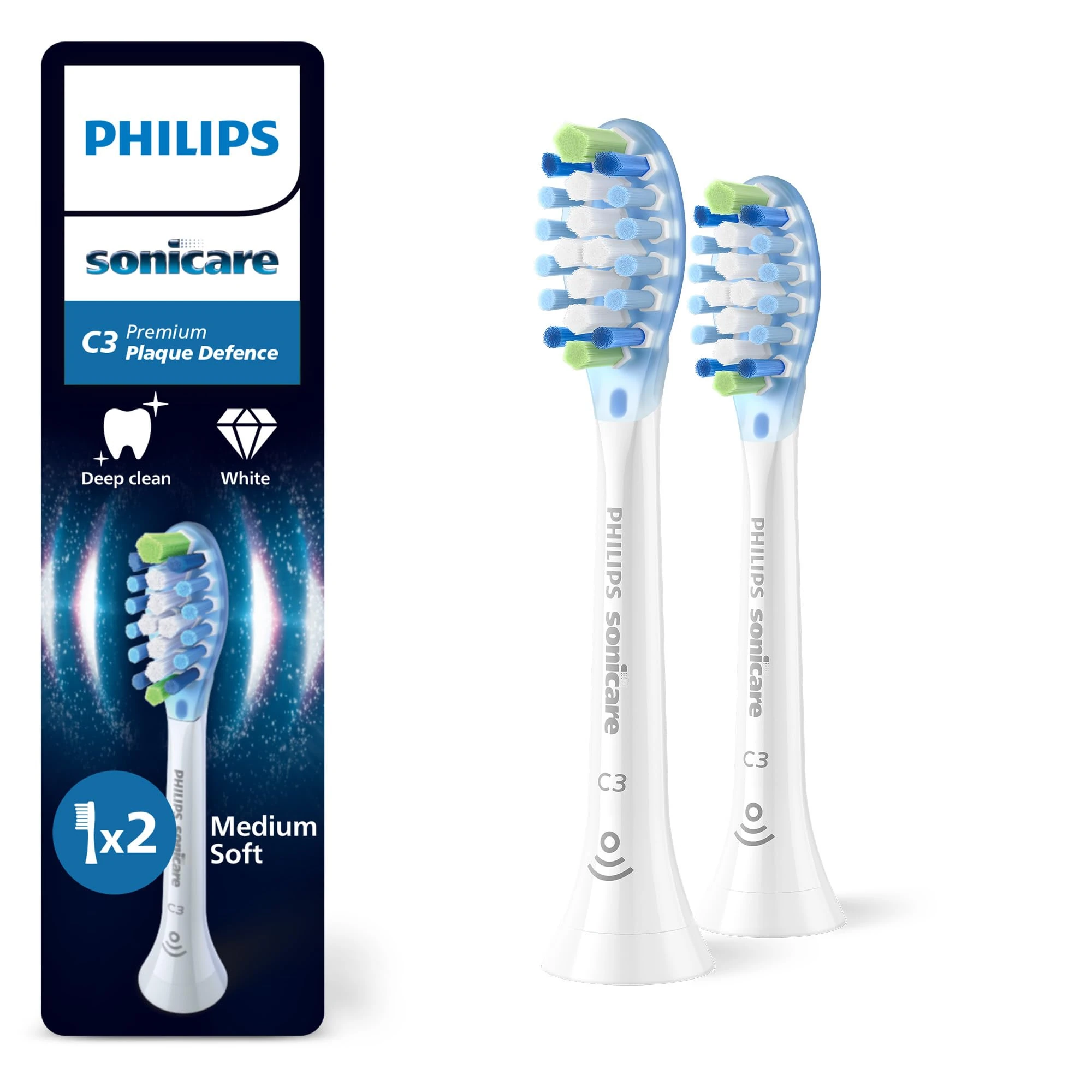 Philips Sonicare C3 Premium Plaque Defence, Genuine Replacement Toothbrush Heads, White, 2 Pack, HX9042/87