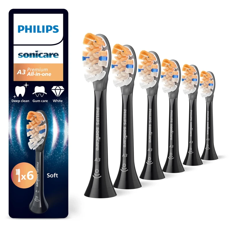 Philips Sonicare A3 Premium All-in-One, Genuine Replacement Toothbrush Heads, Black, 6 Pack, HX9096/88