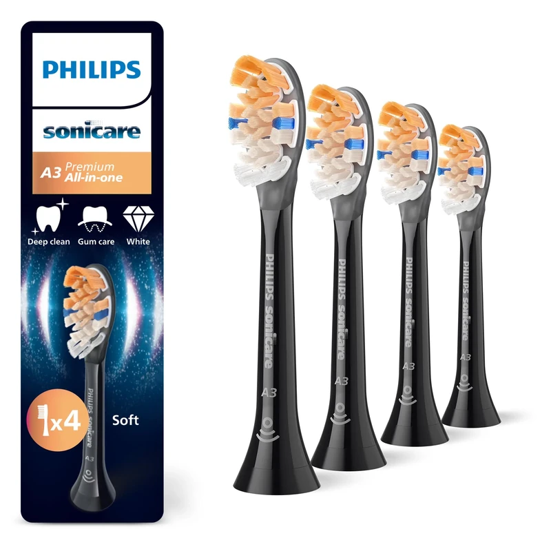Philips Sonicare A3 Premium All-in-One, Genuine Replacement Toothbrush Heads, Black, 4 Pack, HX9094/88