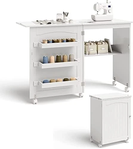 FANTASK 2 in 1 Folding Sewing Cabinet & Desk, Wooden Sewing Table with 3 Shelves for Bobbins & Lockable Wheels, White