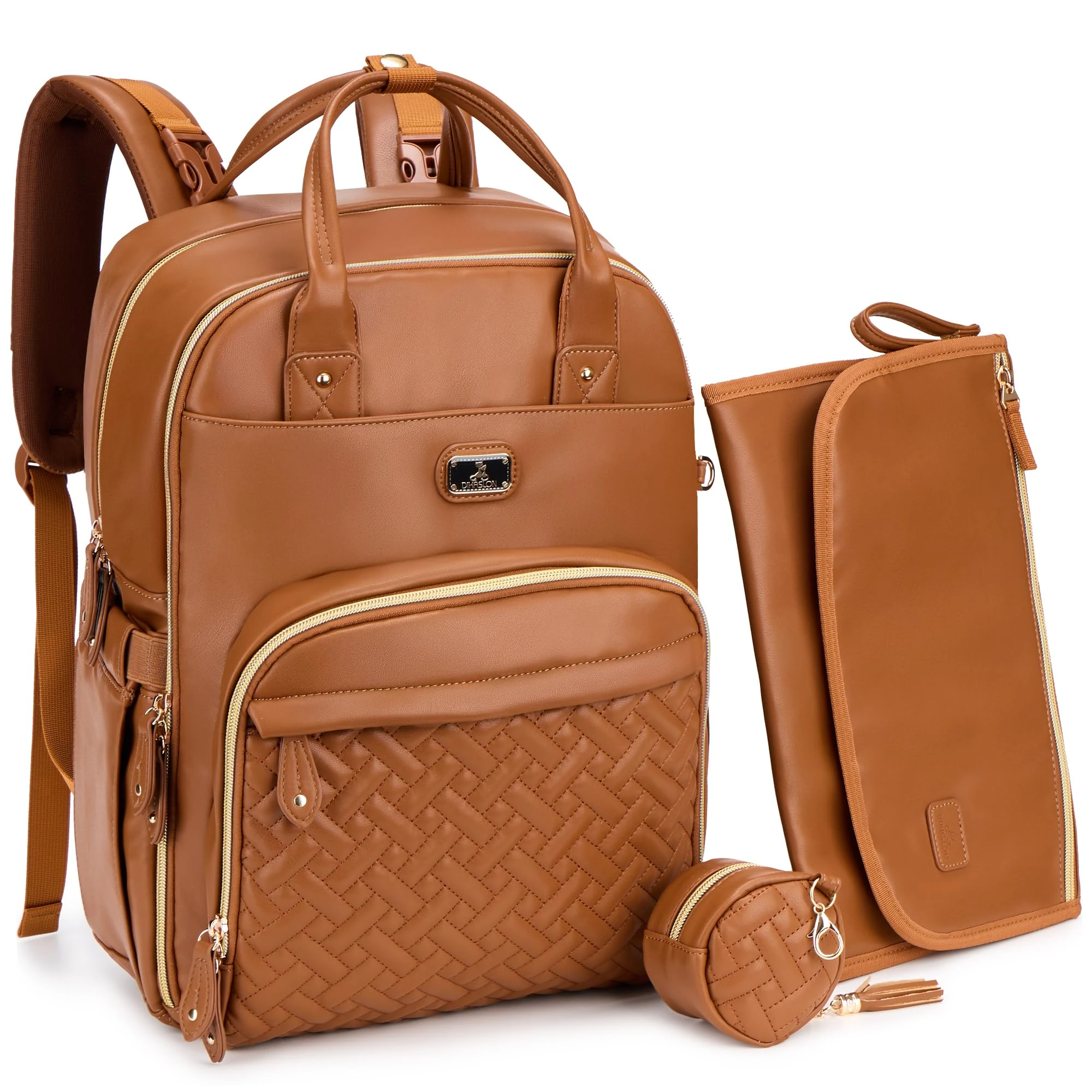 Dikaslon Baby Changing Bag Backpack, Durable PU Leather, Large Baby Bag for Mum and Dad with 19 Pockets, Spacious Nappy Changing Bags with Mat, Pacifier Holder, Stroller Straps (Dark Brown)