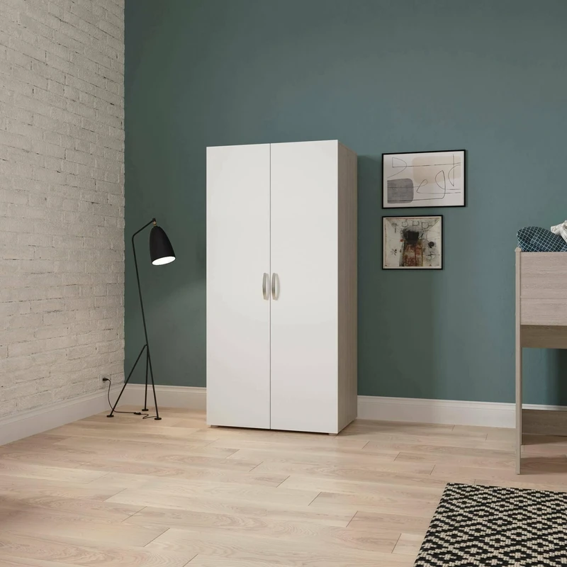 Dmora - Loire 2 Door Wardrobe, Bedroom Furniture, Cabin Wardrobe, Clothes Hanger, 79 x 52 H 166 cm, Oak and Matt White