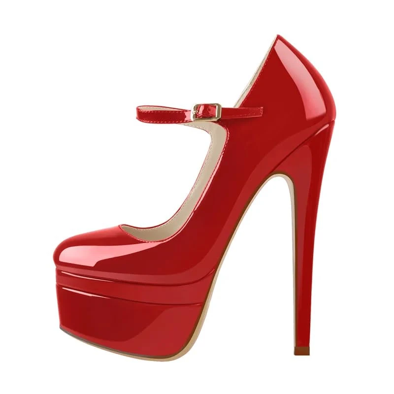 MissHeel Women's Closed Toe Mary Jane Double Platform Stiletto Pumps Buckle Strappy High Heels Ankle High Dress Shoes Red Size 11