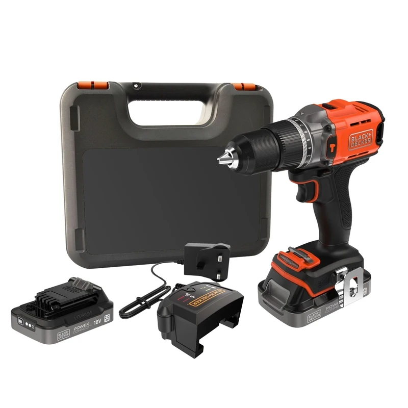 BLACK+DECKER POWERCONNECT 18V Cordless Hammer Drill with 2 x 2.0Ah Batteries, 1A Charger and Kitbox, Variable Speed and Hammer Action, BCD383D2XK-GB