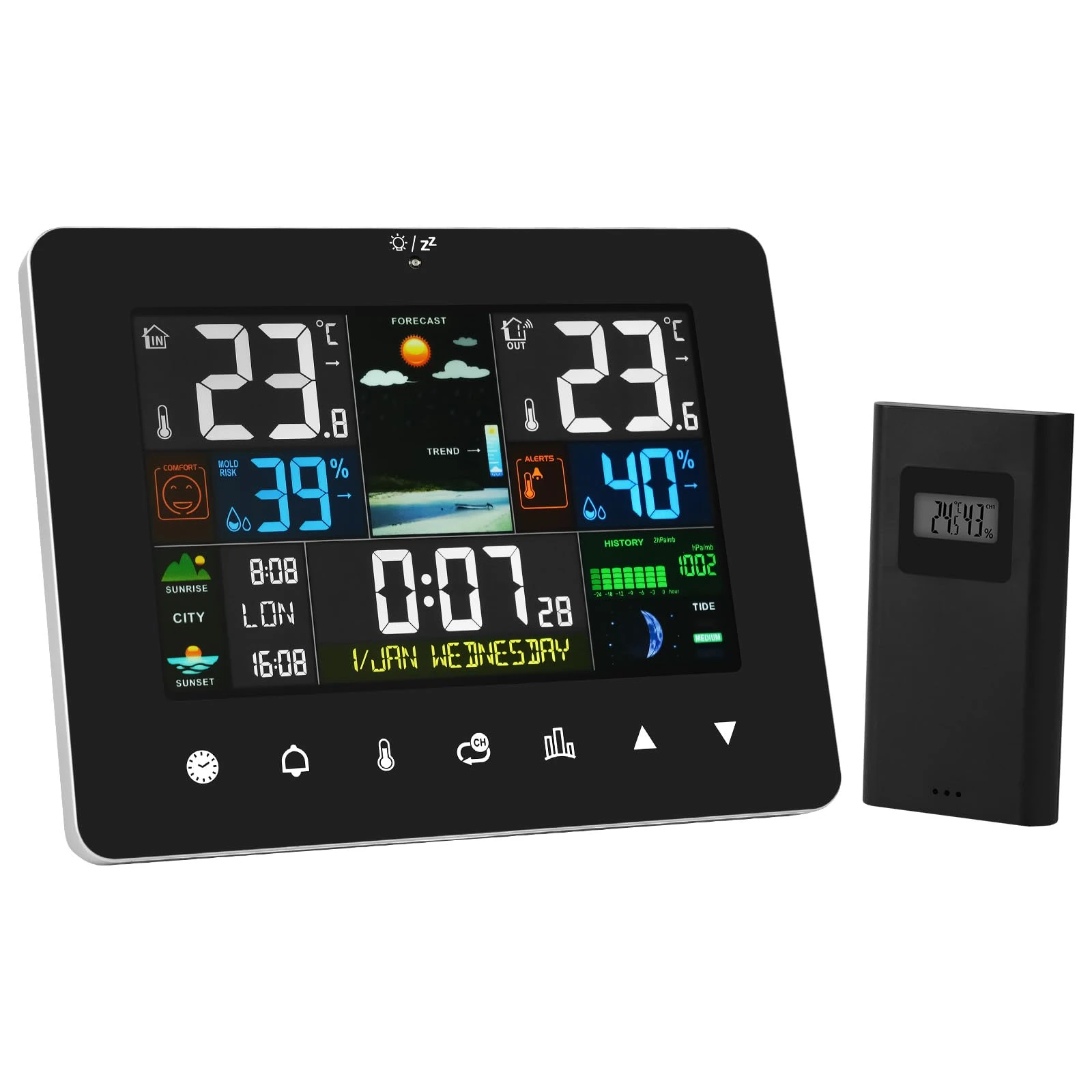 OFFCUP Wireless Weather Station with Sensor, Radio Controlled, Indoor Outdoor Temperature Thermometer, Humidity, Barometric Pressure, Sunrise/Sunset Times