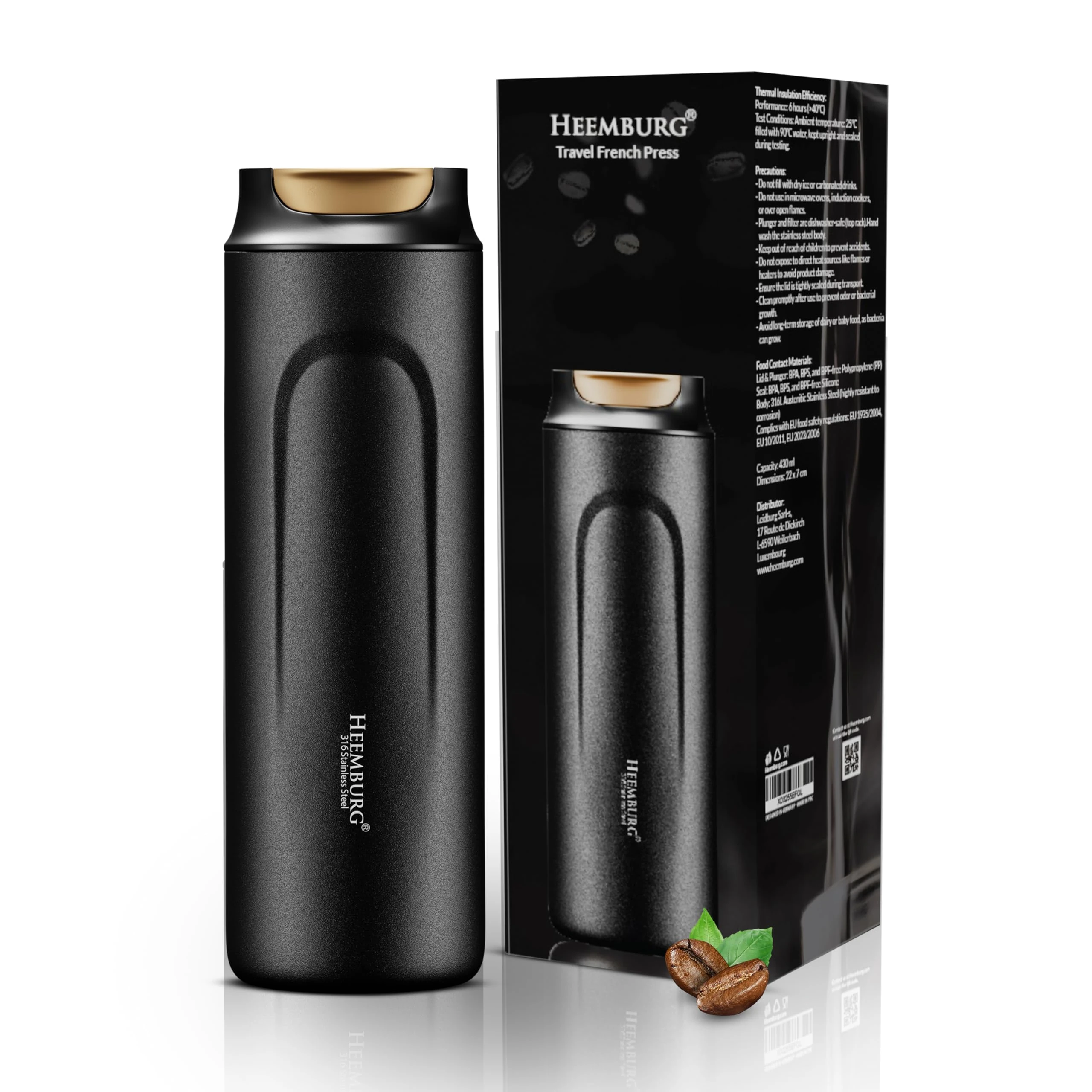 Heemburg French Press Coffee Maker To-Go – Insulated Travel Coffee Press, Stainless Steel, Double-Wall Vacuum, BPA-Free, Keeps Coffee Hot for 6 Hours – Portable & Reusable for Home, Office & Travel