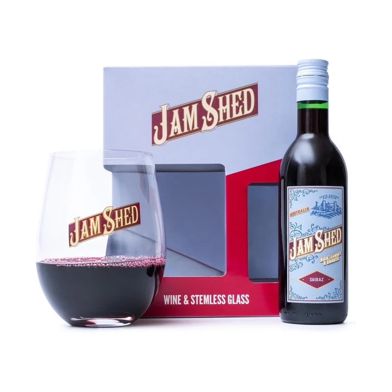 Jam Shed Red Wine Gift Set - Shiraz Australian 12.5% 187ml and 1x Stemless Glass, Perfect Wine Gifts for Men & Women, Birthday Gift for Hamper, Mens Presents, Valentines Day