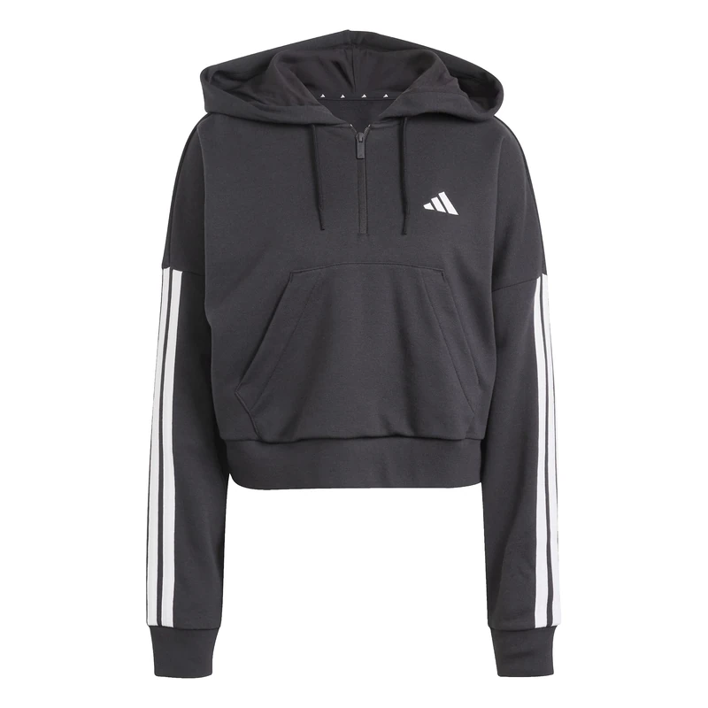 adidas Women's ESSENTIALS 3-STRIPES FRENCH TERRY QUARTER-ZIP HOODIE, black/white, L
