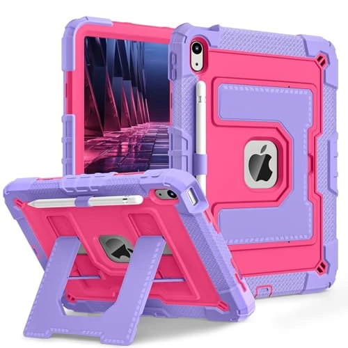 Ovenoe Kids Case for iPad (A16) 11th Generation (11-inch, 2025)/iPad 10th Generation (10.9-inch, 2022), with Shoulder Strap, Fully-Body Rugged Shockproof Case with Built-in Stand, Purple +Rose