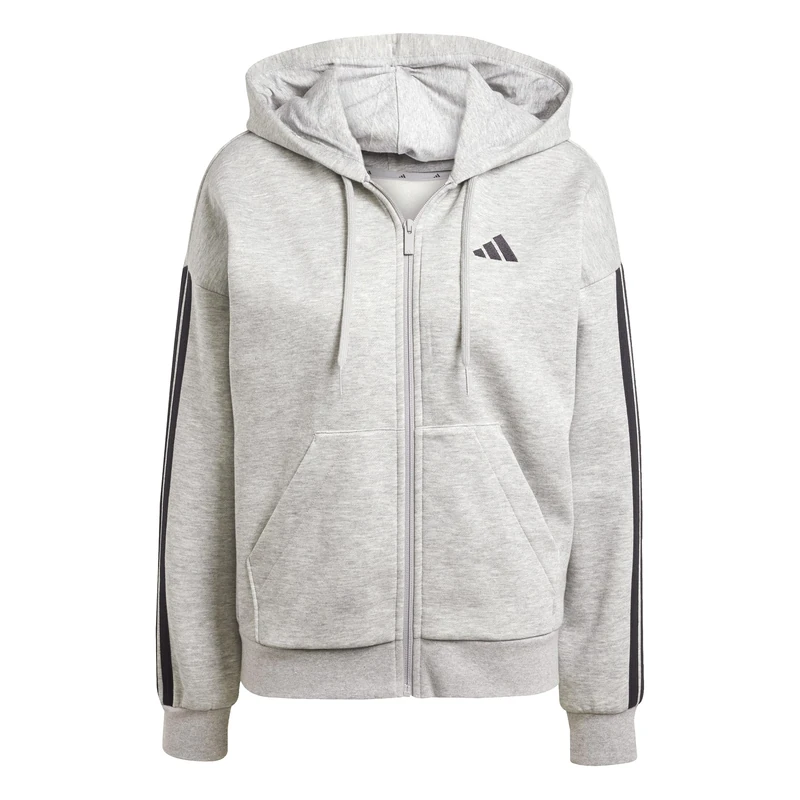 adidas Women's ESSENTIALS 3-STRIPES FULL-ZIP FLEECE HOODIE, medium grey heather/black, M