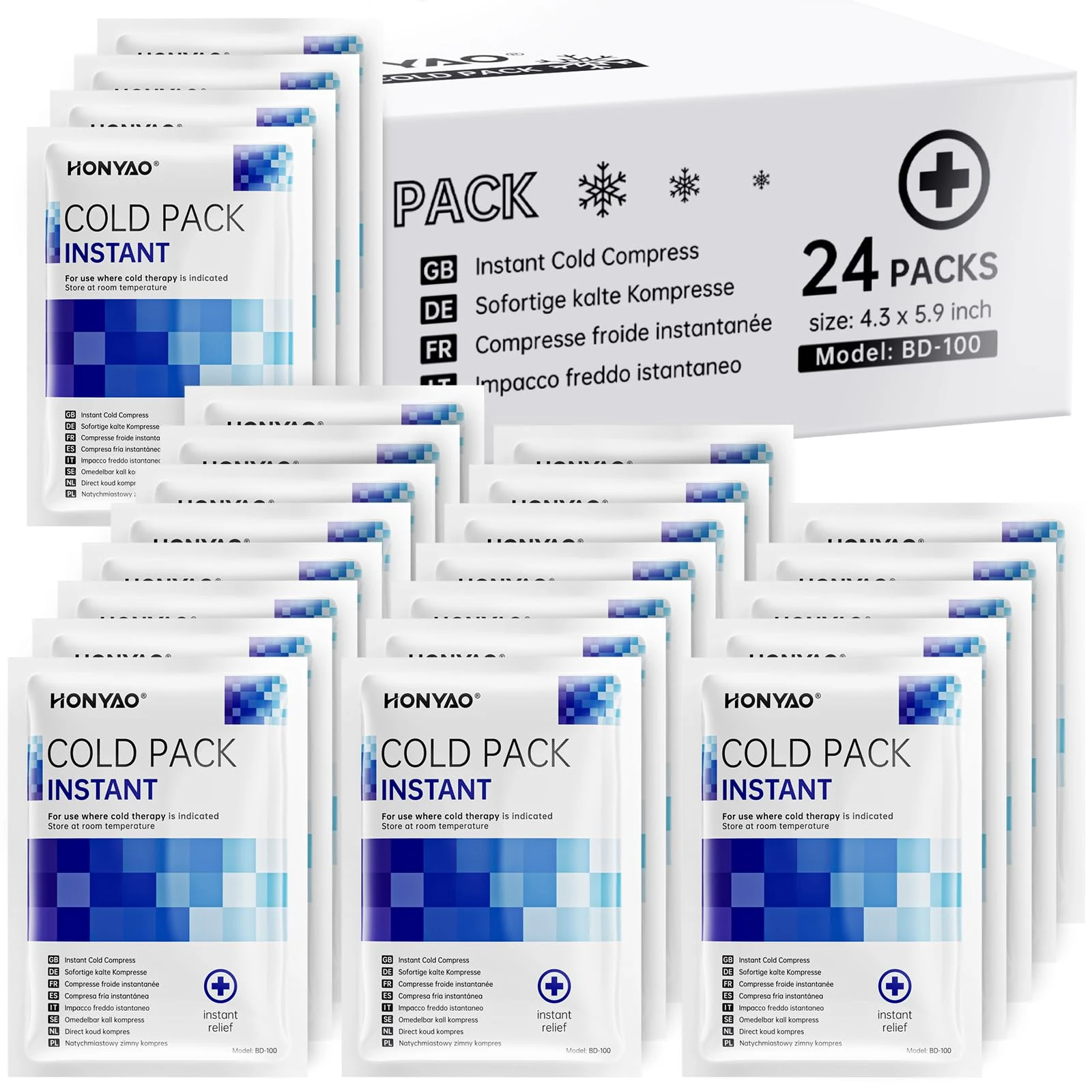HONYAO Instant Ice Pack, 24 Packs Disposable Instant Cold Packs, Ice Packs for Sports Injuries, Cold Compress for Pain Relief, Swelling Inflammation Sprains Toothache, Athletes & Outdoor Activities