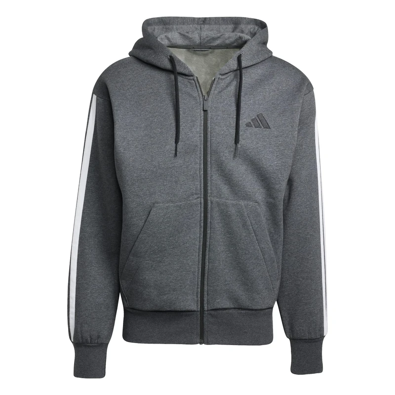 adidas Men's ESSENTIAL THREE STRIPES FLEECE ZIPPER HOODIE, dark grey heather/black, 3XL
