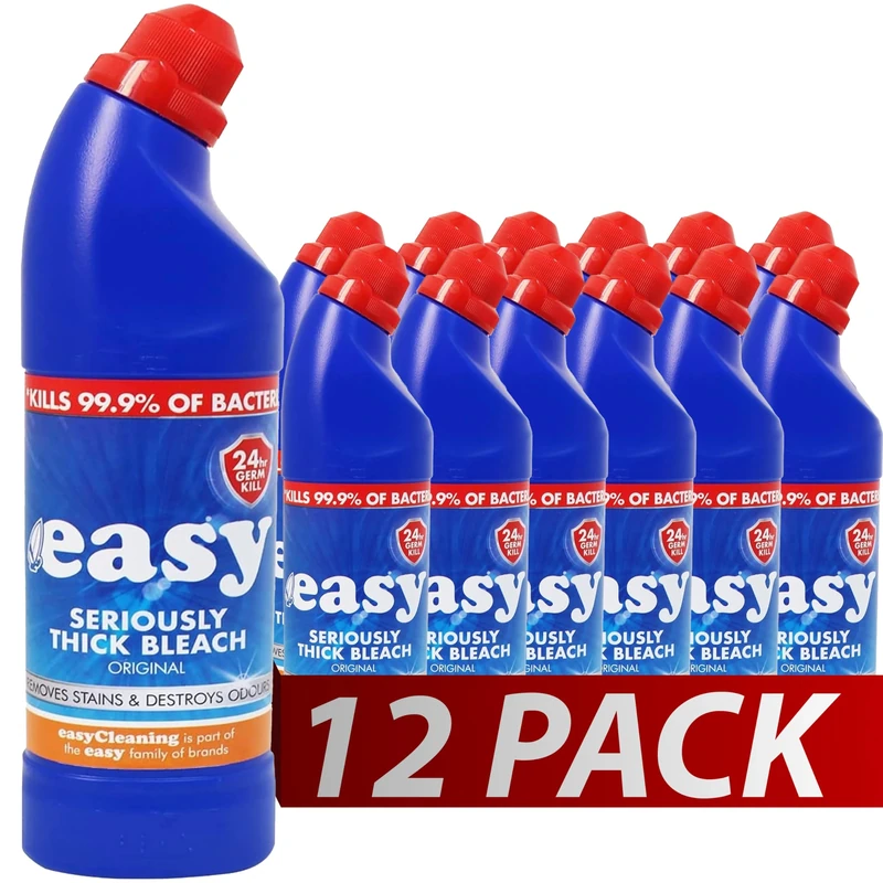 Easy 24 Hour Thick Bleach 12x 750ml | 99.9% Toilet Cleaner Bleach For Bathrooms, Toilets, Sinks | Anti Bacterial