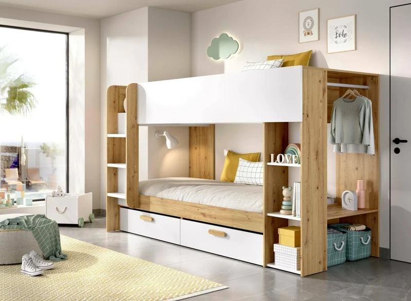 Dmora - Fennera Bedroom Composition, Complete Bedroom, Children's Room, Bridge Furniture Set, 245x110 H150 cm, White and Oak Knots