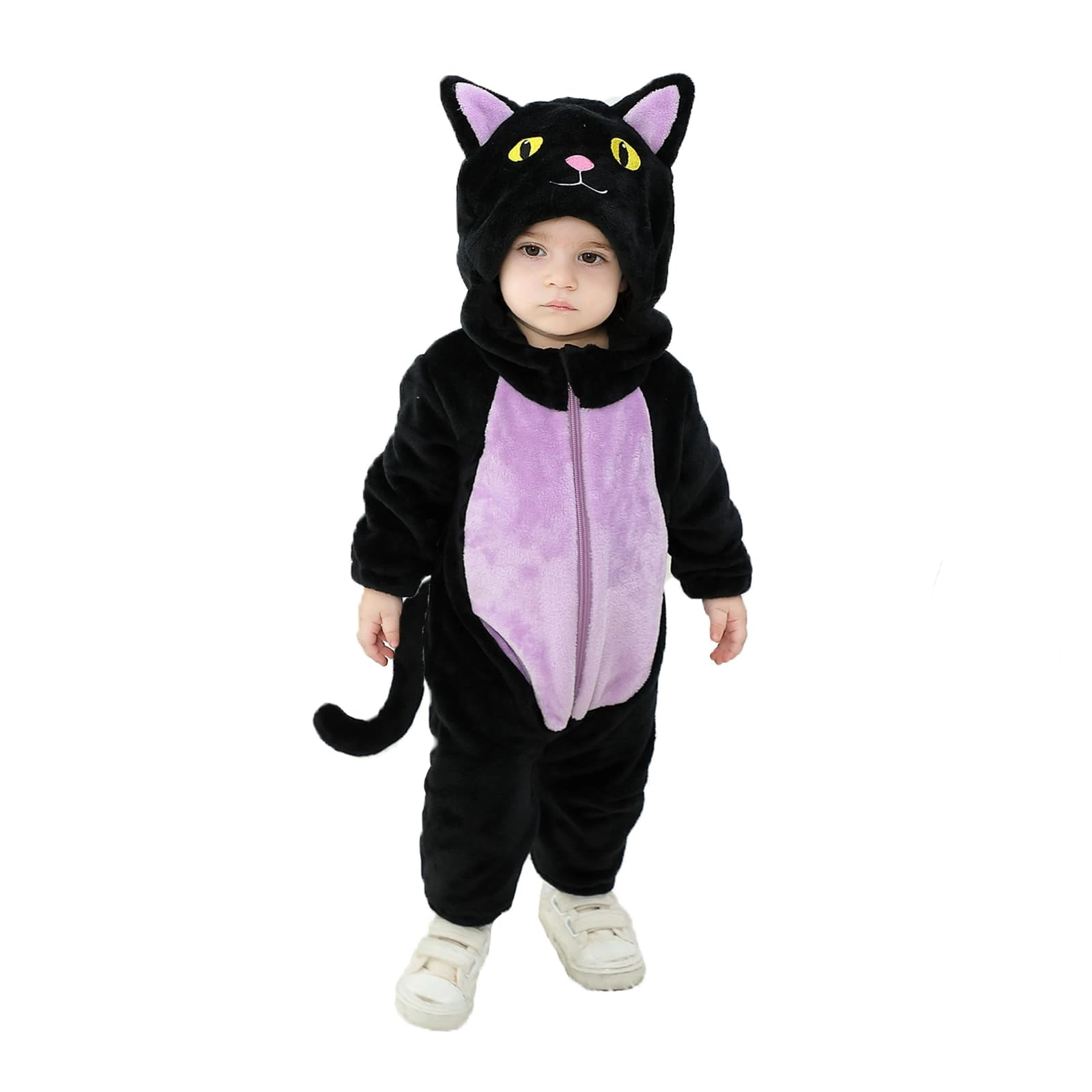 Qianderer Toddler Baby Black Cat Costume Hooded Jumpsuit Zipper Snowsuit Infant Boy Girl Halloween Costumes Fuzzy Warm Winter Clothes (Ba Purple, 18-24 Months)