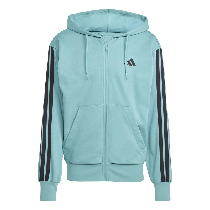 adidas Men's ESSENTIAL THREE STRIPES FRENCH TERRY FULLZIP HOODIE, powder teal/black, XS