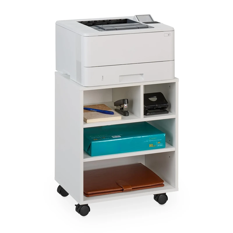 Relaxdays Mobile Filing Cabinet, 4 Compartments, Office Storage, Printer Stand on Wheels, HWD: 49 x 40 x 30 cm, White, Fibreboard