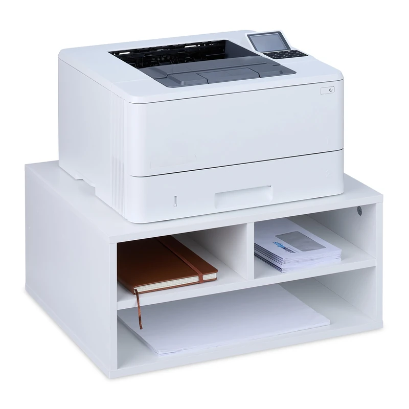Relaxdays Printer Stand for Desk, 3 Compartments, Office Shelf, Spare Paper, Storage, HxWxD: 22.5 x 47 x 40 cm, White, Fibreboard