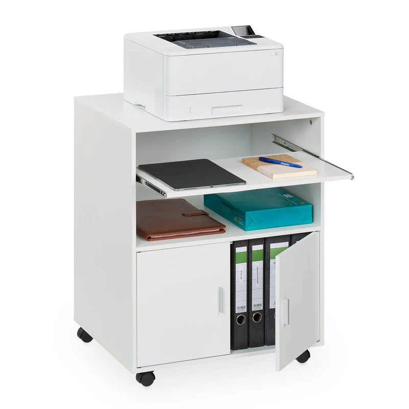 Relaxdays Mobile Office Pedestal with 2 Compartments & Keyboard Tray, Printer Stand on Wheels, 74 x 60 x 48 cm, White, Fibreboard