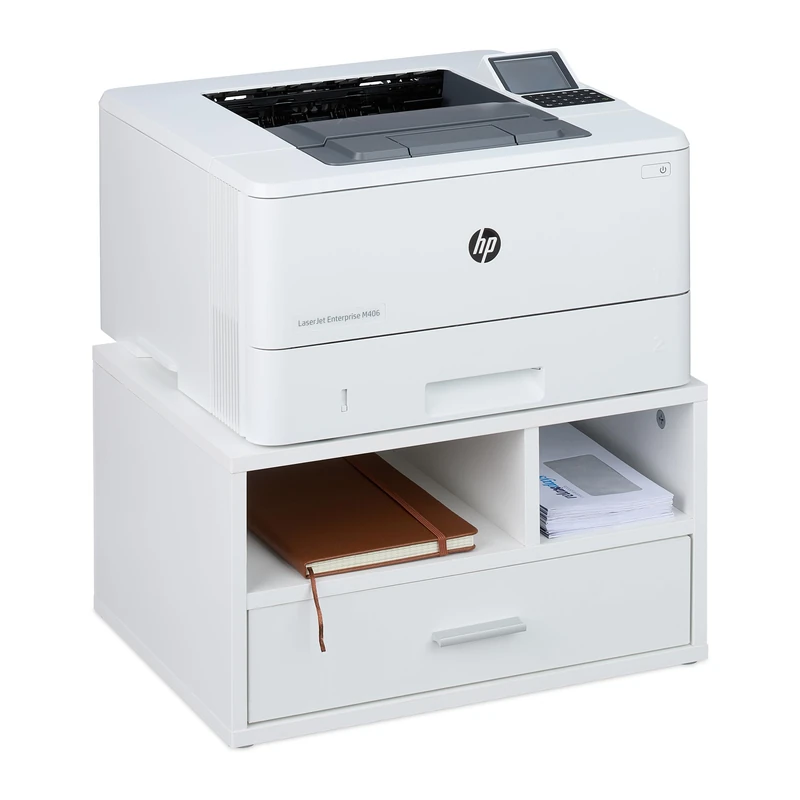 Relaxdays Printer Stand for Desk, 2 Compartments & Drawer, Office Shelf, Spare Paper Storage, 22.5 x 40 x 30 cm, White, Fibreboard, 22 x 40 x 30 cm - Image 1