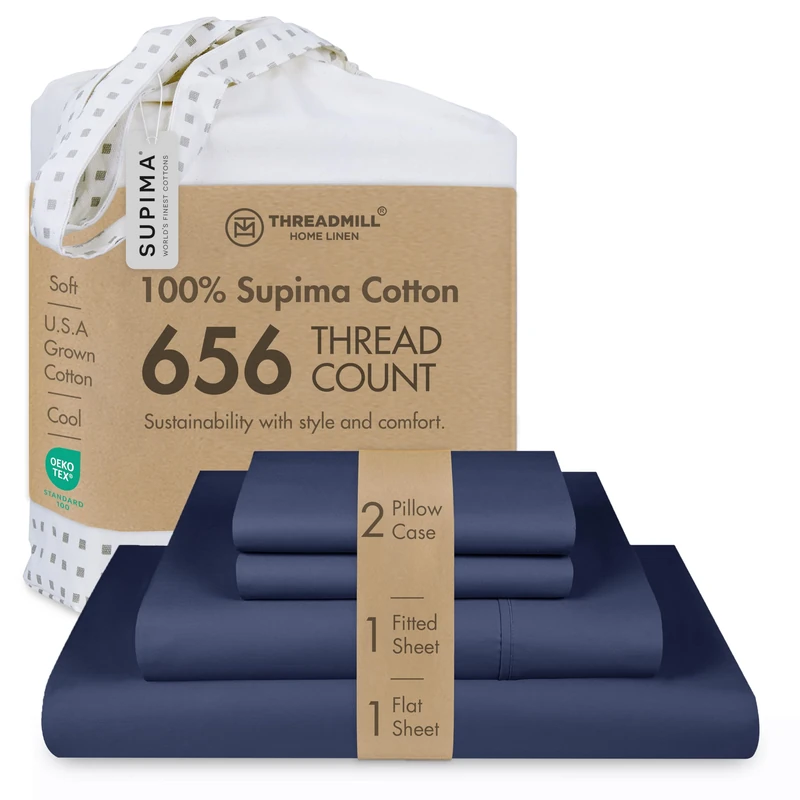 Threadmill 656TC Supima Cotton King Sheet Set, Sateen, Folkstone Blue
