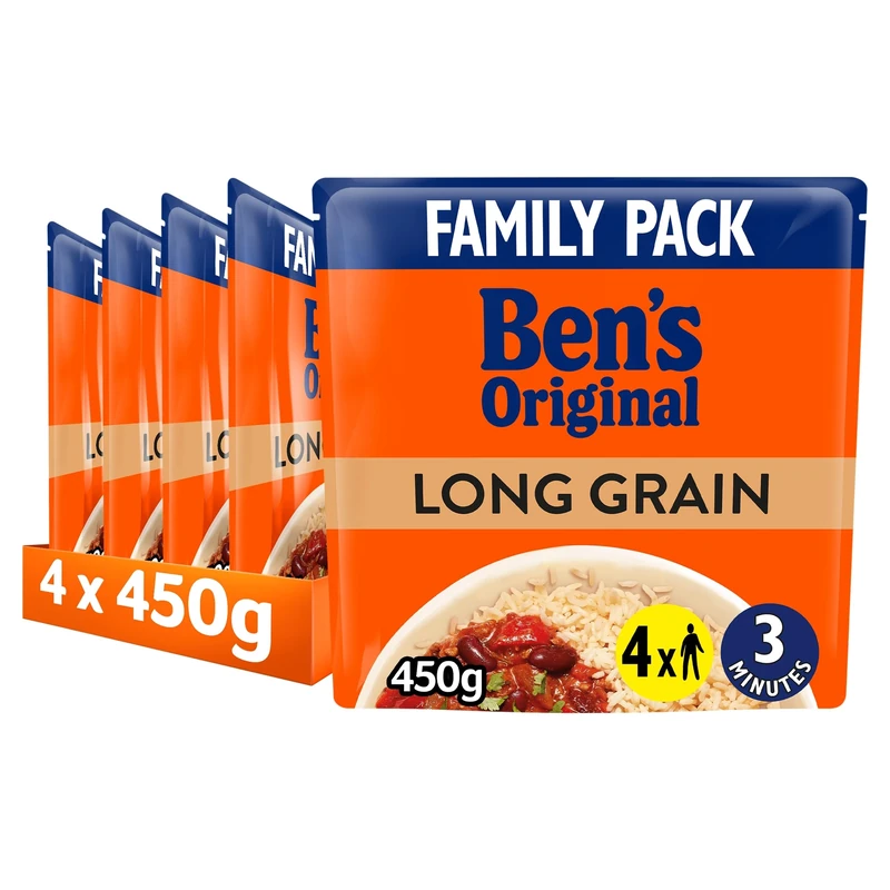 Bens Original Family Pack Long Grain ready in 3 minutes Microwave Rice serves 4 multipack 4x 450g
