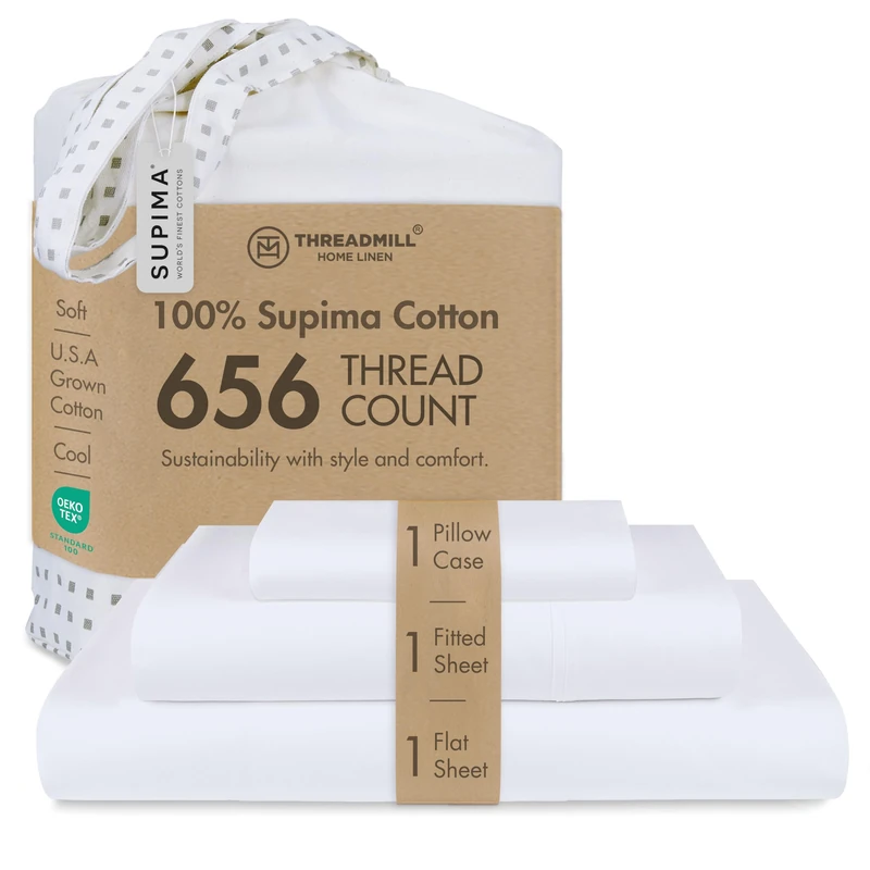 Threadmill 656TC Supima Cotton Twin Sheet Set, Sateen, Solid, White