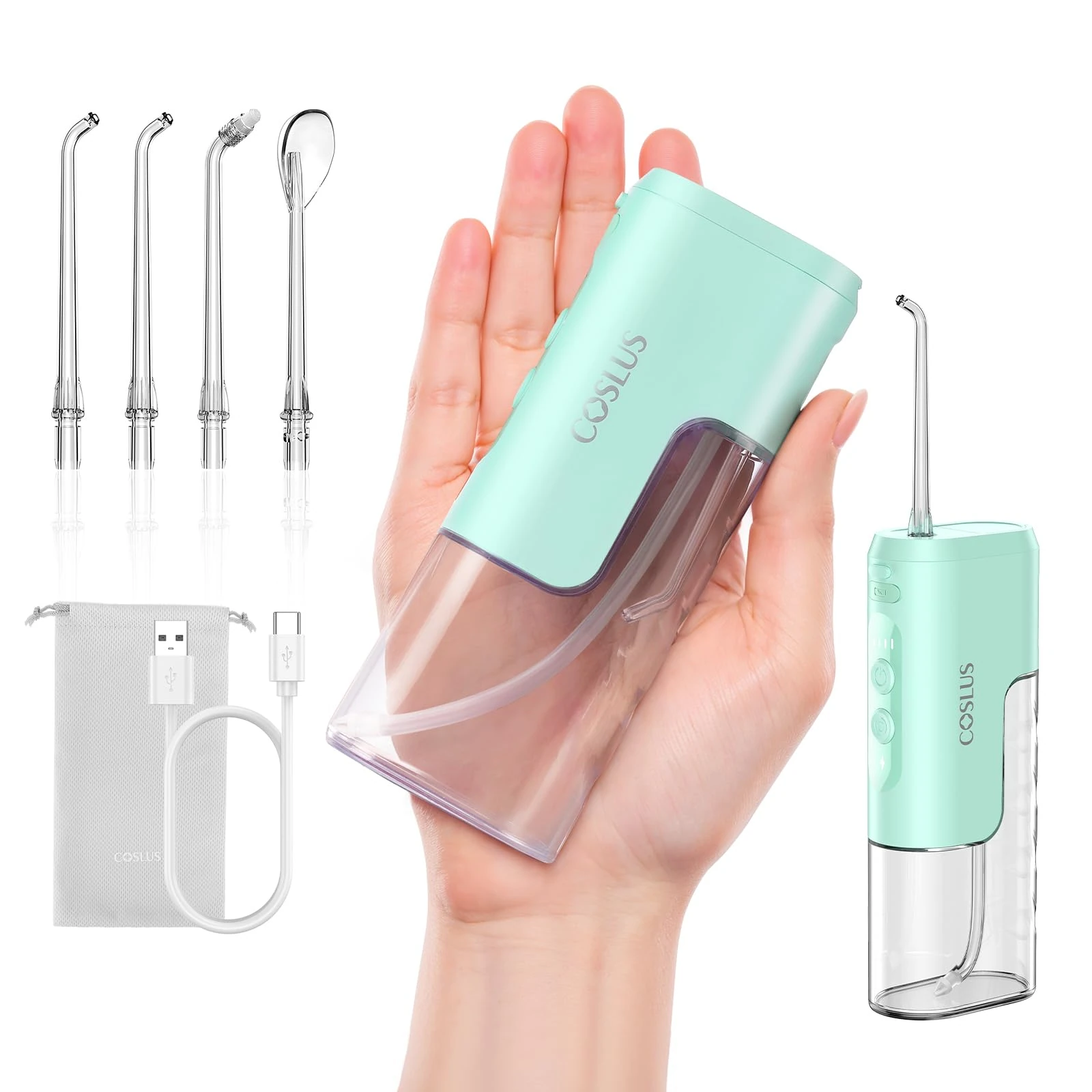 COSLUS Water Teeth Flosser : Portable Travel Water Teeth Flossing Picks Mini Size Cordles Removable Water Tank Green
